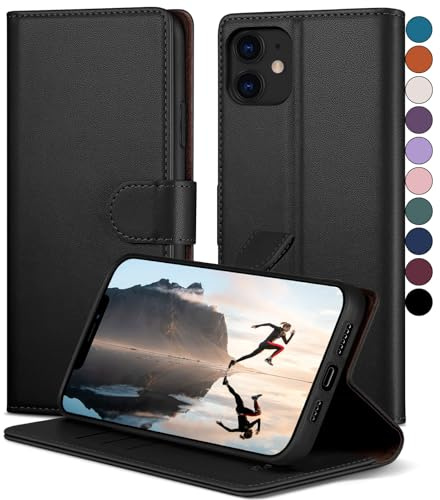 SkyDuck Leather Flip Case for iPhone 12/12 Pro, RFID Blocking, Credit Card Holder, Tempered Glass Screen Protector, Black
