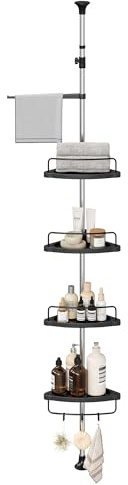 SONGMICS Corner Shower Caddy Tension Pole, 4-Tier Rust-Resistant Shower Organizer, Shower Shelf, Drill-Free, 35.8 to 118.1 Inches, Height Adjustable Trays, for Bathroom, Ink Black UBCB008B01