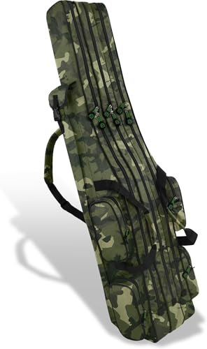 normani XXL Angel Tasche Futteral 190cm oder 210cm Rutentasche Anglerrucksack - 8 Taschen für 6 Ruten und Kescher Farbe Woodland-CZ-Camo Größe 190 cm