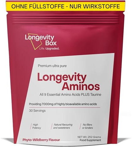 Longevity Box Essential Amino Acids Powder 7000mg – Full-Spectrum BCAA & EAA Complex with Taurine – Vegan Amino Blend – Wildberry Flavour – 30 Servings – 3rd Party Tested, 98% Pure