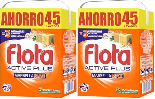 FLOTA | Marsella Max | Detergente Lavadora en Polvo | Ropa Blanca y de Color | Antimanchas y Antiolores | 45 Lavados (Paquete de 2)