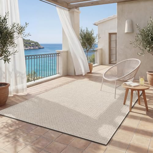 the carpet Maldives – Durable outdoor rug with Boho and Vintage design, weather-resistant and easy to clean, for balcony, terrace & garden, Beige, 200 x 290 cm