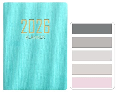 RuiChy Mini Agenda Tascabile 2026 Copertina in Pelle PU Agenda Giornaliera A7 Agenda Settimanale 128 Pagine Appuntamenti Planner Diari Calendario Quaderno con Morandi Indice Segnalibri Adesivi (Ciano)