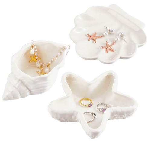 PH PandaHall 3 Styles céramique Conch Shell Plat à Bijoux en Céramique de Conque, Porte Anneau Plateau Bijoux Plat Assiette Porte Bijoux pour Bagues Boucles D'Oreilles Clés Décoration