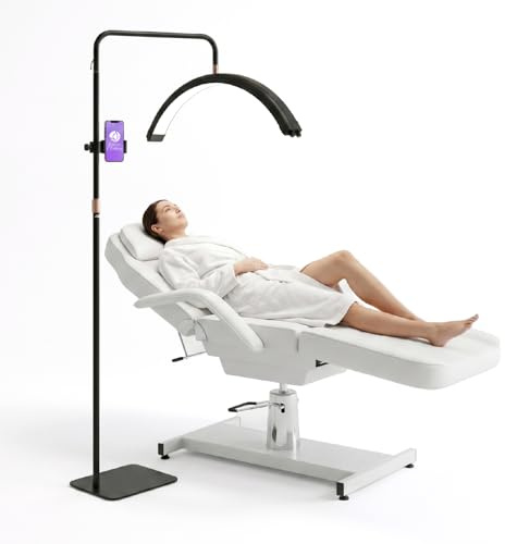 Lampada ad Arco LED Professionale con Luce 45W - Lampada Estetista e Lashmaker, Lampada Mezzaluna per Lettino ed Extension Ciglia con Stativo Regolabile, Supporto Smartphone per Contenuti Video e Foto