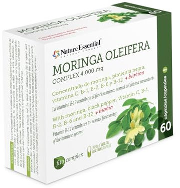 Nature Essential | Moringa Oleifera Complex 4000 mg | 60 Cápsulas | Extracto Seco | 95% Piperina | Concentrado de Moringa, Pimienta Negra, Vitamina C, B1, B2, B6 y B12 + Biotina
