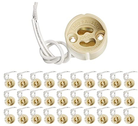 GU10 Bases para Lámparas, GU10 Casquillo para LED y halógeno, Portalámparas Zócalo de Cerámica, Con Cable de Silicona de Calidad, Conector Para LED y Bombilla Halógena, Pack de 30