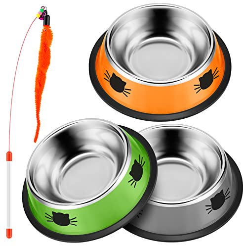 Moicainy Gamelle pour Chat, 3 Pièces Gamelle Chat INOX Ensemble avec Jouet pour Chat, Bol Chat, Gamelle Eau Chat, Bol pour Chat, Idéal pour Les Chiots et Les Chats Petits Animaux