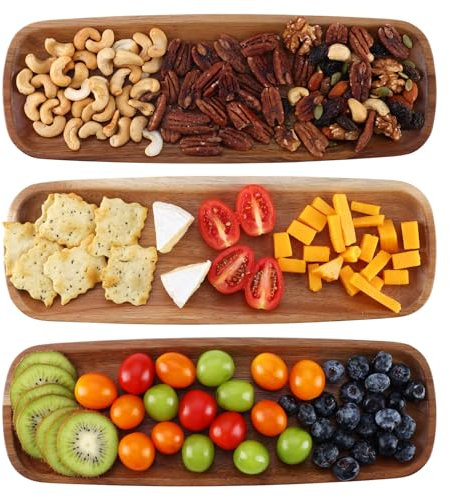 hecef Plateau Bois, 3 Pièces Plateau de Service en Bois d'acacia avec Lèvre Rainurée, Petits Plateaux de Service Rectangulaire pour la Decoration Salle de Bain, Desserts y Rangements, 33x11,5x0,8cm