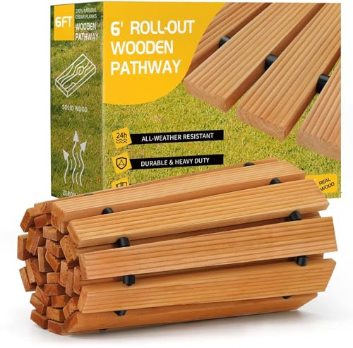 Holz Gartenweg Rollweg, Ausrollbarer Holzweg 183 x 43 cm, Holztritt Gartentritt Gehweg Wege im Garten, Hinterhof, Terrasse, Bodenbelag, Hochzeit Deko (Natur, Gebogen 6FT)