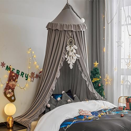 HUOQOU Baldaquin de lit pour Filles Princesse Dôme Rond Enfants Moustiquaire rêveuse Linge de lit Chambre de Filles Château Tente de Jeu Maison Suspendue Décor Niche de Lecture Baldaquins(Gris)