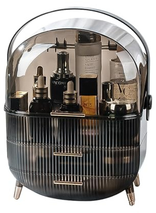 Caja de almacenamiento de cosméticos resistente al agua y polvo, organizador de belleza con tapa, asa de transporte, 2 cajones, pantalla portátil para baño y tocador