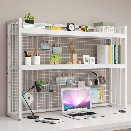 Scaffale da Scrivania Regolabile- 2 livelli Libreria da Scrivania Appoggio Organizer scaffale da scrivania in Legno Scaffale da Tavolo Autoportante Metallo Espositore Per ufficio (White, 115cm)