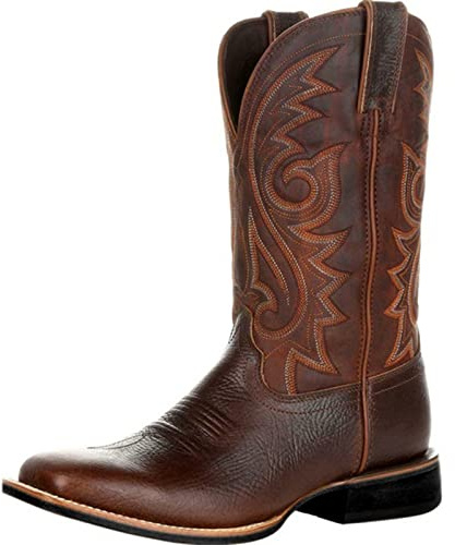 SOOUICKER Women's Men's Wide Calf Wide Fit Brown Leather Calf Length Flat Cowboy Boots