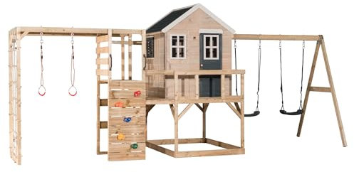 Wendi Toys M27G-G - Parco giochi per bambini in legno con palestra e altalena, 200 x 560 x 242 cm, grigio, struttura resistente per giochi all'aperto attivi, facile da montare, attrezzatura da