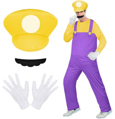 Aomig Mario Costumes, 4 Pack Mario Cosplay Costume Accessories Kits with Bodysuit, Luigi Hats Cap, Mustaches, White Gloves, Mario Luigi Bros Fancy Dress Outfit Costume for Party World Book Day
