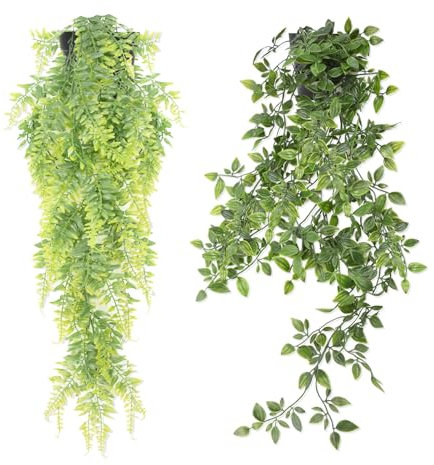 Zequech 2 Pots of Simulated Mandala Hanging Potted Plants+Boston Fern, Indoor and Outdoor Terraces, Office Desk Racks, Wedding Decoration with Fake Potted Plants, Artificial Landscape