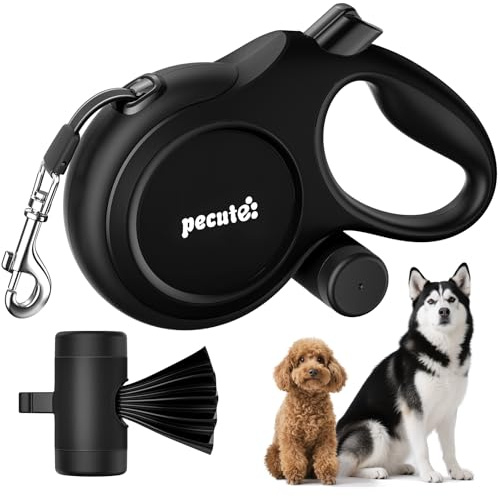 pecute Retractable Dog Leash with Poo Bag Holder, 8m Dog Lead with 360° Tangle-Free Extended, One-Handed Brake, Pause, Lock, Black