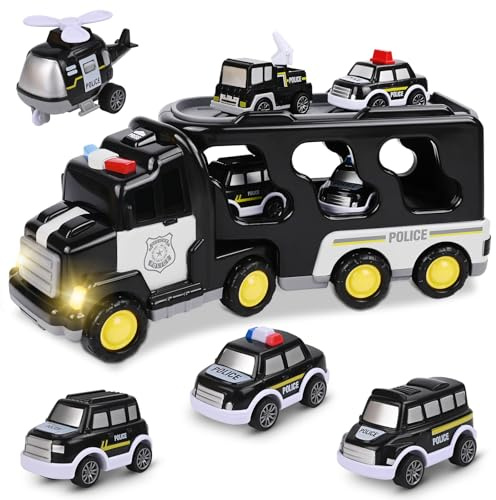 Zoelele Camion Giocattolo Per Bambini, Camion Trasportatore Per Bambini, 7 In 1 Con Suoni e Luci, 6 Mini Cars, Per Ragazzi Ragazze 1 2 3 4 5 6 Anni (Auto Della Polizia)