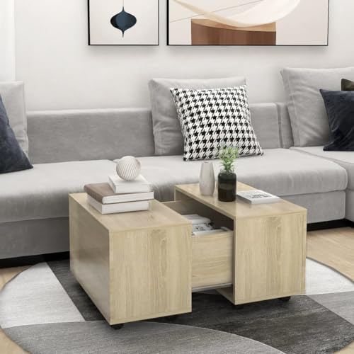 Bucmath Soffbord Sonoma-ek 60 x 60 x 38 cm, utdragbart, med hjul, trämaterial, för vardagsrum, modernt sidobord med lagringsutrymme