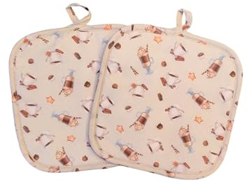 Set da 2 presine da cucina 19CM*19CM in 100% cotone, fantasia caffè, tessuto imbottito, realizzato in Italia, prodotto artigianale. (BEIGE)