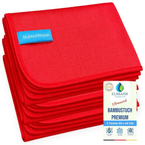 ELIMANN Set di 3 panni per la pulizia in bambù senza aloni, lucidi, ad asciugatura rapida, antigraffio e senza pelucchi, ideali per la casa, la cucina, il bagno, la finestra, l'auto (rosso, 60 x 40 cm
