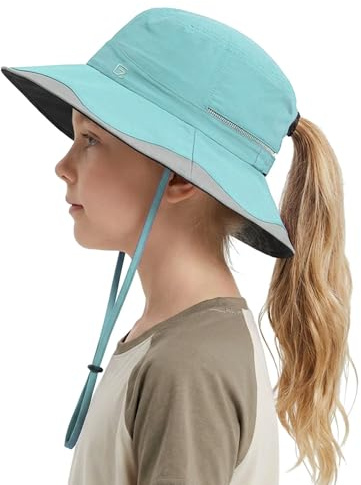 GADIEMKENSD Sombrero tipo cubo para niños con coleta y ala ancha, sombrero de sol para niñas con orificio para coleta, sombreros de verano UPF50+ para niños y niñas para senderismo, pesca, Verde menta