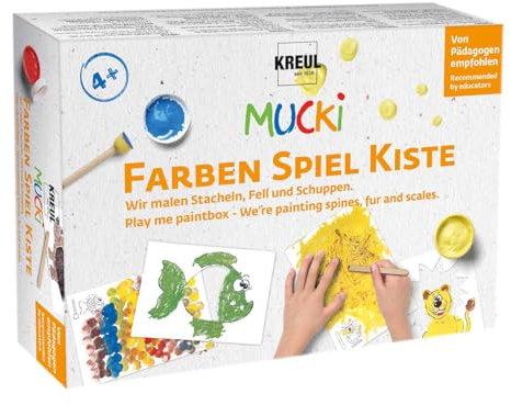 KREUL 29102 - Mucki Fingermalfarbe, Farben Spiel Kiste, Wir malen Stacheln, Fell und Schuppen, Lern- und Spielset, 5 x 50 ml Fingerfarbe, 2 kleine Dosen, 12 Malvorlagen sowie Malwerkzeuge