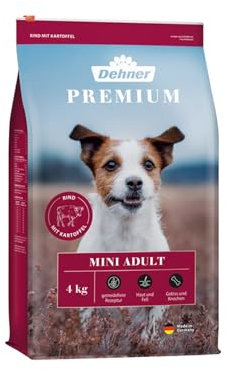 Dehner Premium Hundefutter, Trockenfutter getreidefrei, für ausgewachsene Hunde kleiner Rassen, Rind / Lamm / Kartoffel, 4 kg