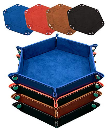 SIQUK 4 Stück Würfelbretter Leder und Samt Würfelteller, 4 Farbe Würfeltablett Hexagon Würfelteller Leder Würfelbretter für RPG DND Dragons Würfel Gaming (Königsblau, Orange, Kamel und Schwarz)
