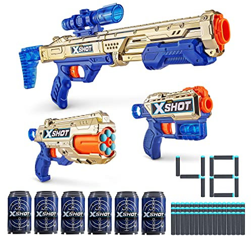 X-Shot Excel Royale Edition Kombipack - Golden Hawk Eye, Reflex 6, Kickback (48 Darts, 6 Dosen), Schaumstoffdart-Blaster