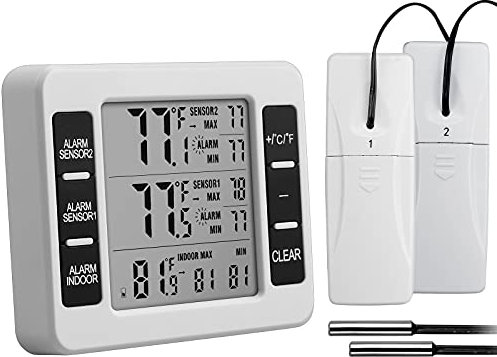 CAMWAY Wireless Refrigerator Freezer Thermometer with Alarm and Sensors, MAX/MIN Thermometer for Home, Warehouses