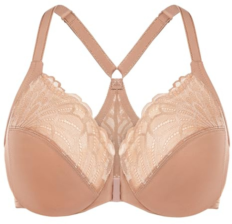 MELENECA Women's Front Fastening Racerback Plus Size Stretch Lace Underwire Unlined Bras Cappuccino 44DD