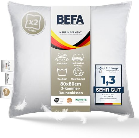 BEFA NATUR Daunenkissen 80x80 cm | 3-Kammer Kopfkissen | 90% Daunen & 10% Federkissen | 1400g Füllgewicht |Allergiker geeignet (NOMITE) | Tierwohl (DOWNPASS) | Oeko-TEX Klasse 1 | Made in Germany