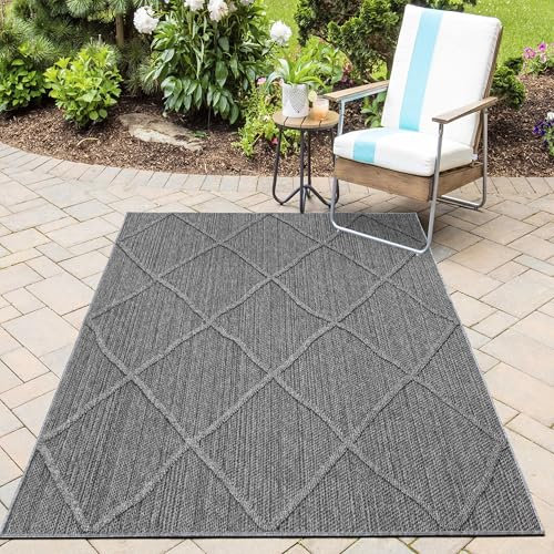 HomebyHome In& Outdoor Teppich Wetterfest, Grau 200x290 cm Teppich Küche, Waschbarer Küchenläufer Flachgewebe Sisaloptik Rauten Design Camping Terasse Balkon Outdoorteppich Garten
