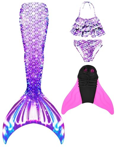 NAITOKE meerjungfrauenflosse mädchen Badeanzug - Meerjungfrau Flosse Bademode mit Bikini Set und Monoflosse Mermaid Tail, 4 Stück Set,QQQYD,130