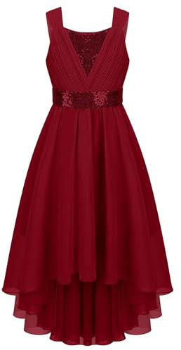 Mufeng Robe de Mariage Fille Enfant en Mousseline de Soie Robe Demoiselle d'honneur Ceremonie Communion Costume de Bal de Soirée 3-16 Ans Bordeaux 13-14 Ans