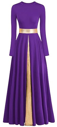 ELLYDOOR Women's Praise Dance Dress Metallic Waistband Long Swing Liturgical Worship Church Robe Dress Lyrical Dancewear Tag M, Purple