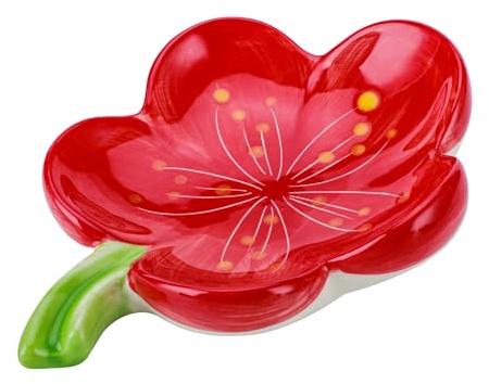 HuaLiSiJi Ceramic Soap Dish with Flowers Ceramic Soap Dish Leaf with Drainage for All Common Sizes Solid Soaps (Red)