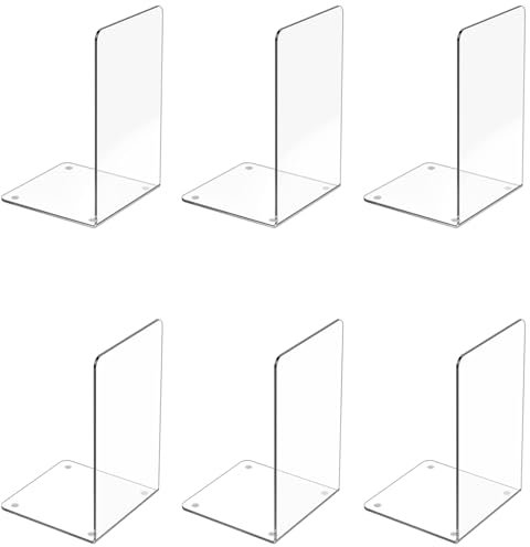 Acrylic Bookends 6 Pcs, Clear Book Ends for Shelves, Transparent Organizer, Holder Stand Decorative, Stoppers for Heavy Duty Books, CD, File, Video Games