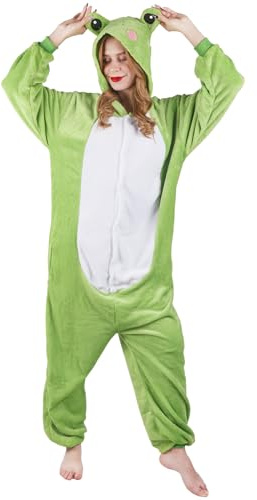 Disfraz unisex de rana, pijama de una pieza, mono para adultos con capucha, mono de animales, ropa de dormir, mono de peluche, mono para mujer, hombre, Halloween, carnaval, cosplay, verde, S