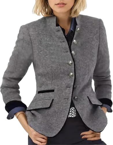 Suncadmious Blazer Monopetto in Tweed con Revers Stile retrò da Donna Primavera e Autunno Elegante Giacca da Lavoro Aderente con Collo Alto e Maniche Lunghe (Grigio,XXL)