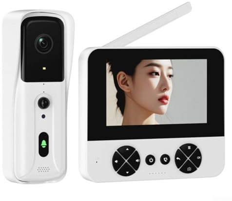 wenyouya Sonnette vidéo intelligente sans fil 4,3 pouces Interphone bidirectionnel Écran tactile Antenne externe Enregistrement automatique Portée de 300 m 11 langues Prise en charge (Blanc)
