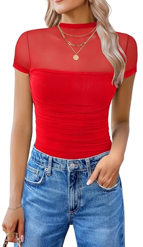 Avidlove Red Bodysuit Short Sleeve Turtle Neck Body Suits Mesh One Piece Blouse Bodysuits Going Out 4th of July