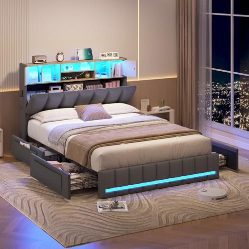 KIMENICH Lit 140 x 190, Lits Double avec LED et Multiprise, Cadre de Lit en Métal avec 4 Tiroirs, Tête de Lits en Bois Capitonnée avec 7 Compartiments, Lits 140 x 190 avec Sommier et Rangement, Gris