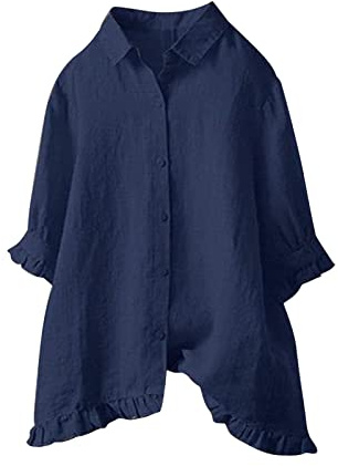 Chemise Femme Grande Taille- Blouse Ete Coton Lin Manches 3/4 avec Col à Revers Et Poignets à Volants Coupe Ample Haut Décontracté Bohème Couleur Unie Chic Et Élégants Longueur Moyenne Tunique