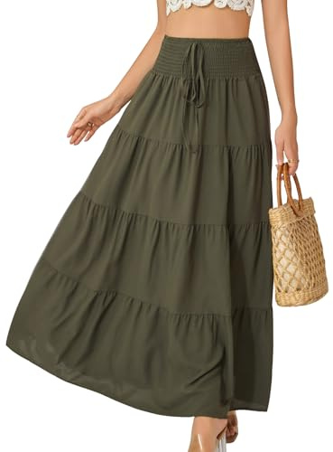 Monbessi Maxi Skirts for Women (with Lining) 2 in 1 Ladies Skirts Elasticated Waist Boho Long Skirt Flowy Skirt for Summer, Vacation, Shopping, Daily(XL, Dark Green)