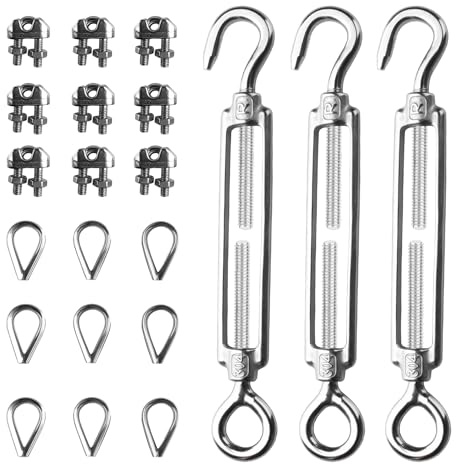 3 Pz M6 Tiranti per Filo Acciaio, Tiranti per Filo Stendibiancheria, Tendifilo Stendibiancheria, e 9 Pz M3 Tenditore Cavo Acciaio e 9 Morsetti per Fune Metallica M3, per Vela Ombreggiante Tenda Sole