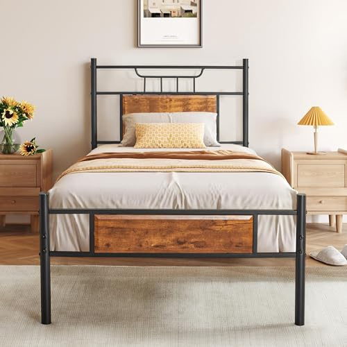Bettgestell 90x200 cm mit Stauraum & Holzkopfteil – Einzelbett inkl. Metall-Lattenrost für Jugend- und Gästezimmer, Braun