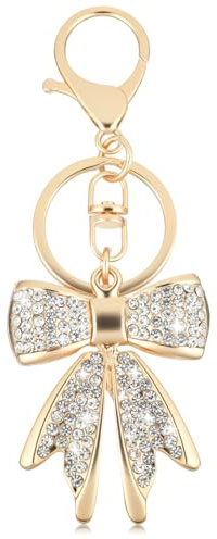 Sorcristy Sparkly Gold Bow Keychain for Backpacks, Pink/Beige Rhinestone Bow Keychains, Bag Charms, Women Y2K Cute Bows Keychain(Beige)